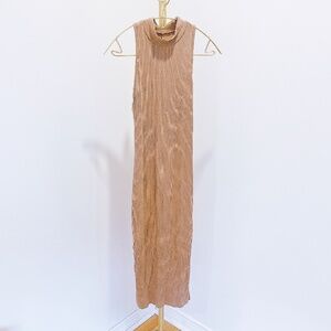 Brown-cream colour High neck sleeveless fitted dress